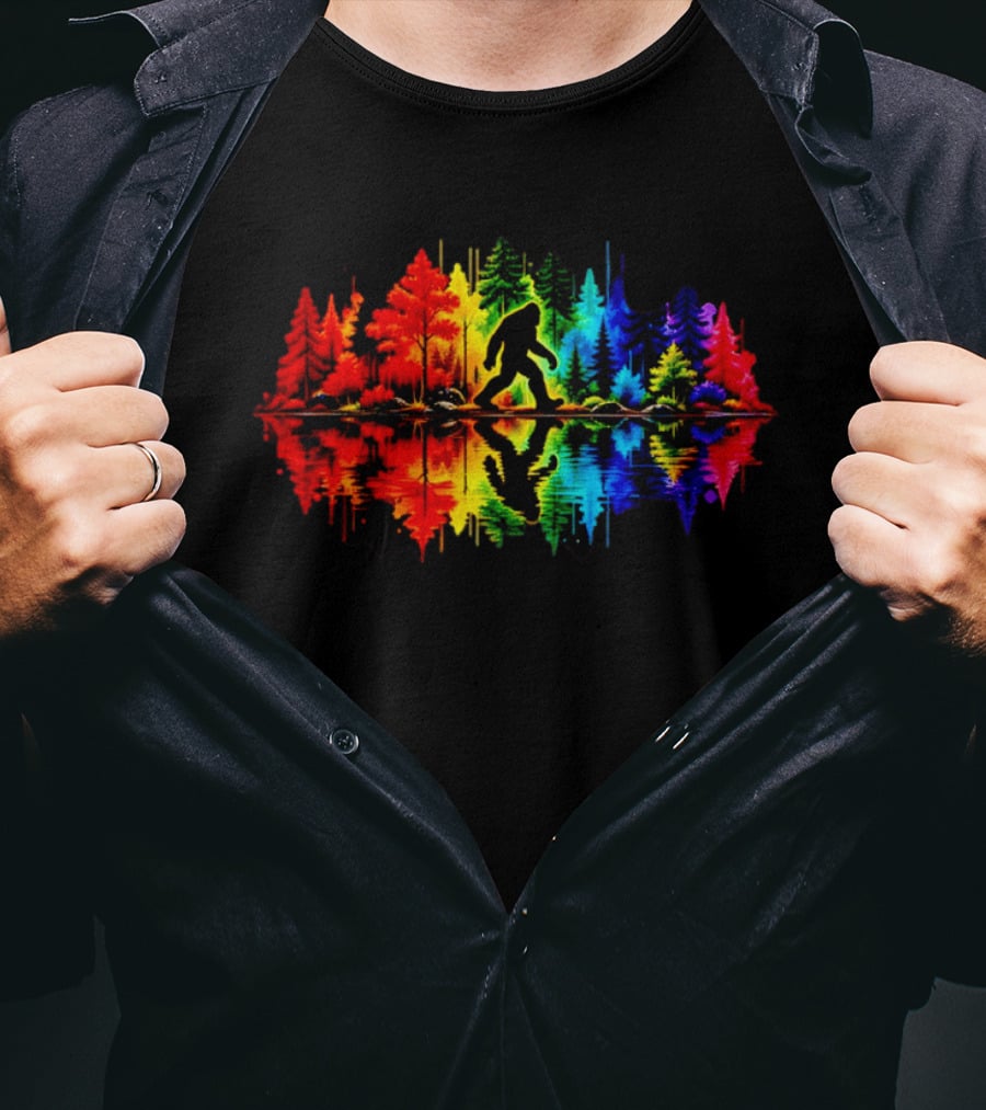 Rainbow Bigfoot Forest Reflection T-Shirt