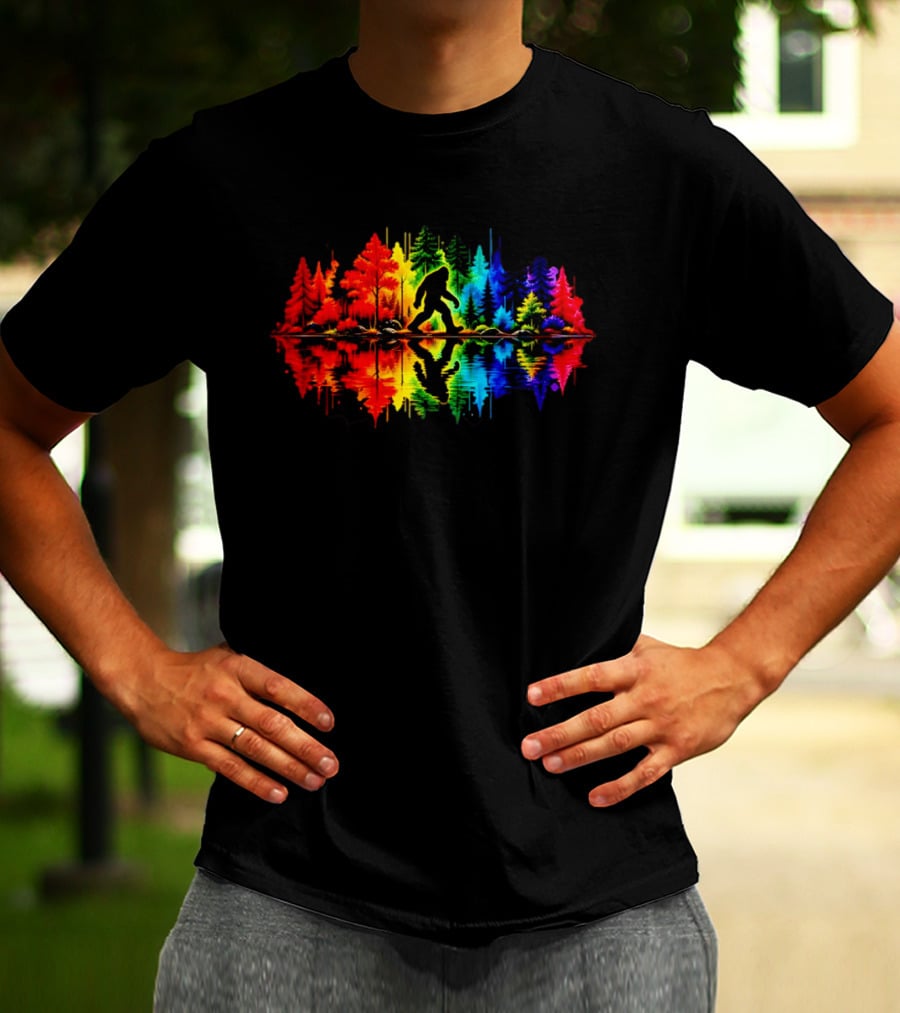 Rainbow Bigfoot Forest Reflection T-Shirt