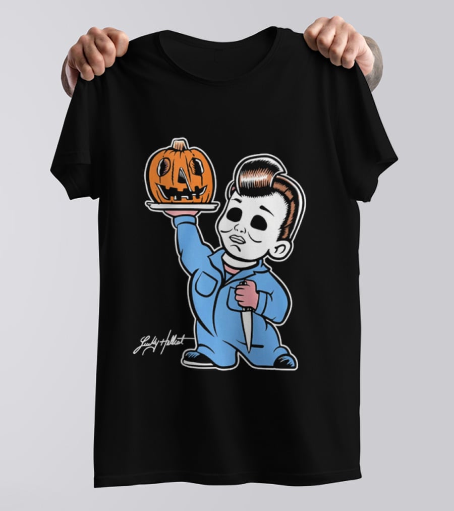 Lucky Hellcat Michael Myers Cartoon Pumpkin Knife Caricature T-Shirt