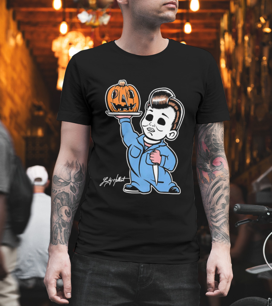 Lucky Hellcat Michael Myers Cartoon Pumpkin Knife Caricature T-Shirt