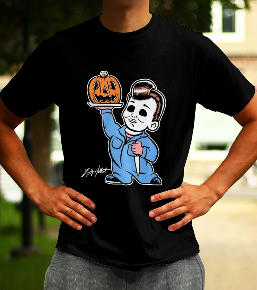 Lucky Hellcat Michael Myers Cartoon Pumpkin Knife Caricature T-Shirt