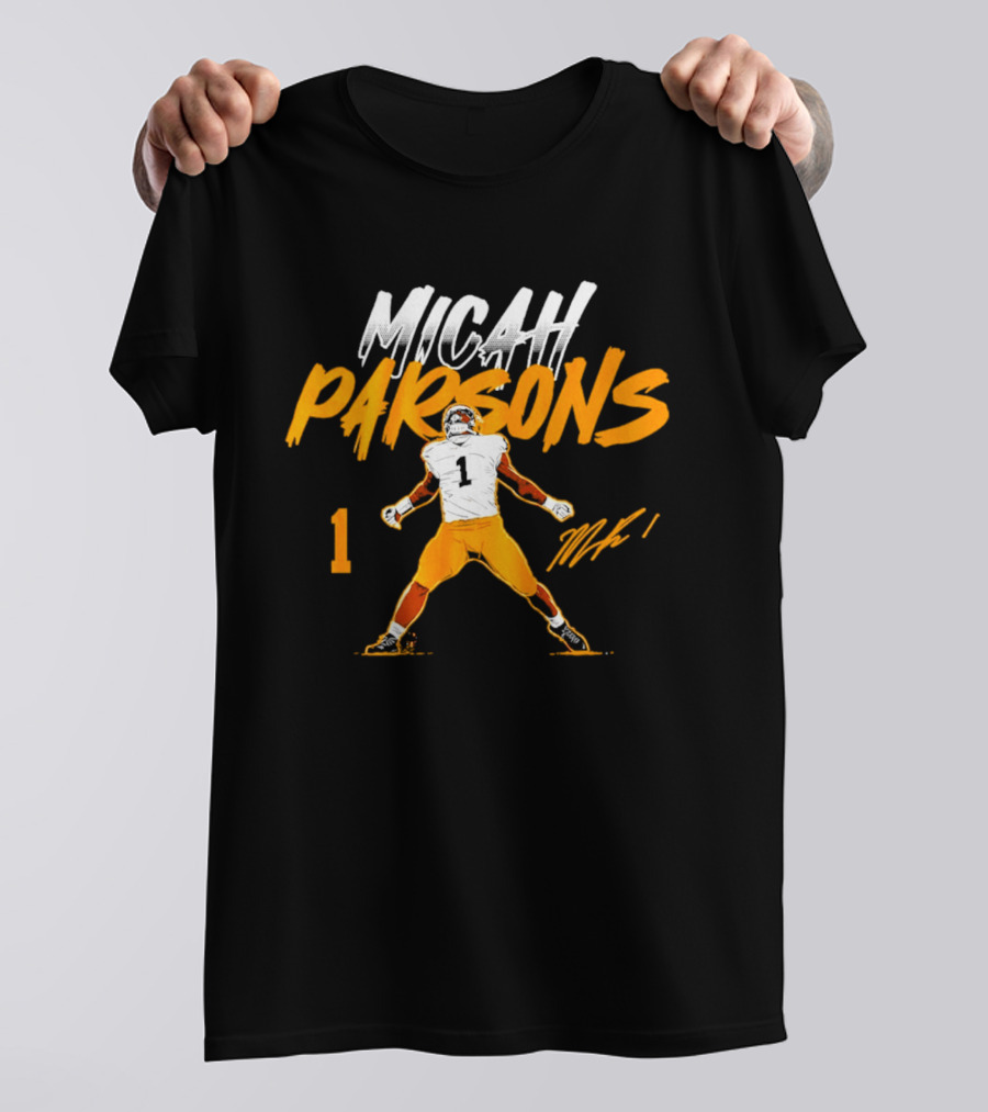 Micah Parsons 1 Pose With Name And Number In White And Orange T-Shirt