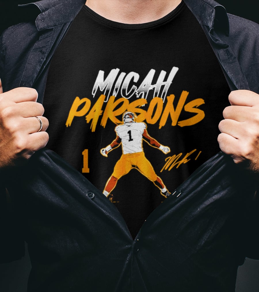 Micah Parsons 1 Pose With Name And Number In White And Orange T-Shirt