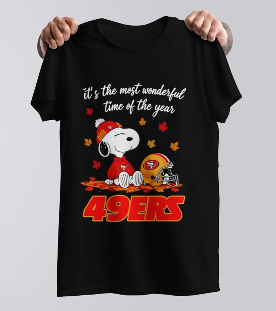 San Francisco 49ers Snoopy Beanie Autumn Leaves Most Wonderful Time T-Shirt