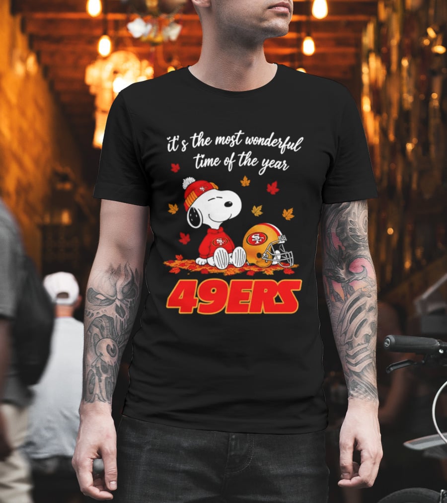 San Francisco 49ers Snoopy Beanie Autumn Leaves Most Wonderful Time T-Shirt