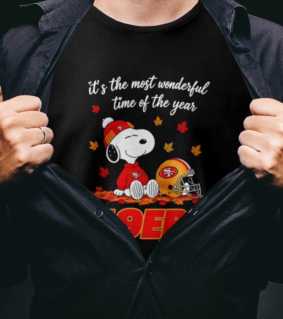San Francisco 49ers Snoopy Beanie Autumn Leaves Most Wonderful Time T-Shirt