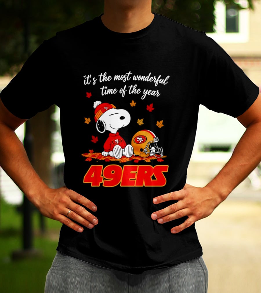 San Francisco 49ers Snoopy Beanie Autumn Leaves Most Wonderful Time T-Shirt