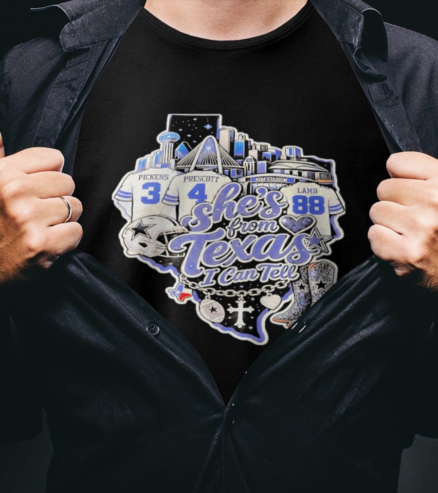 She's From Texas I Can Tell Pickens Prescott Lamb Dallas Cowboys Boots AT&T Stadium T-Shirt