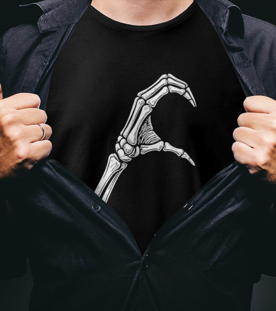Skeleton Bone Hand Half Heart Gesture Line Sketch T-Shirt