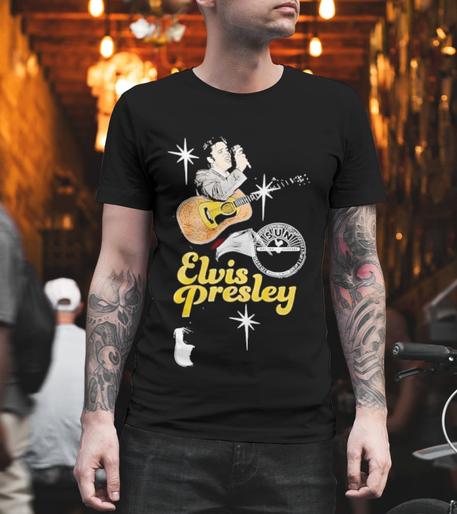 Sun Record Company Elvis Presley Playing Acoustic Guitar Starbursts T-Shirt