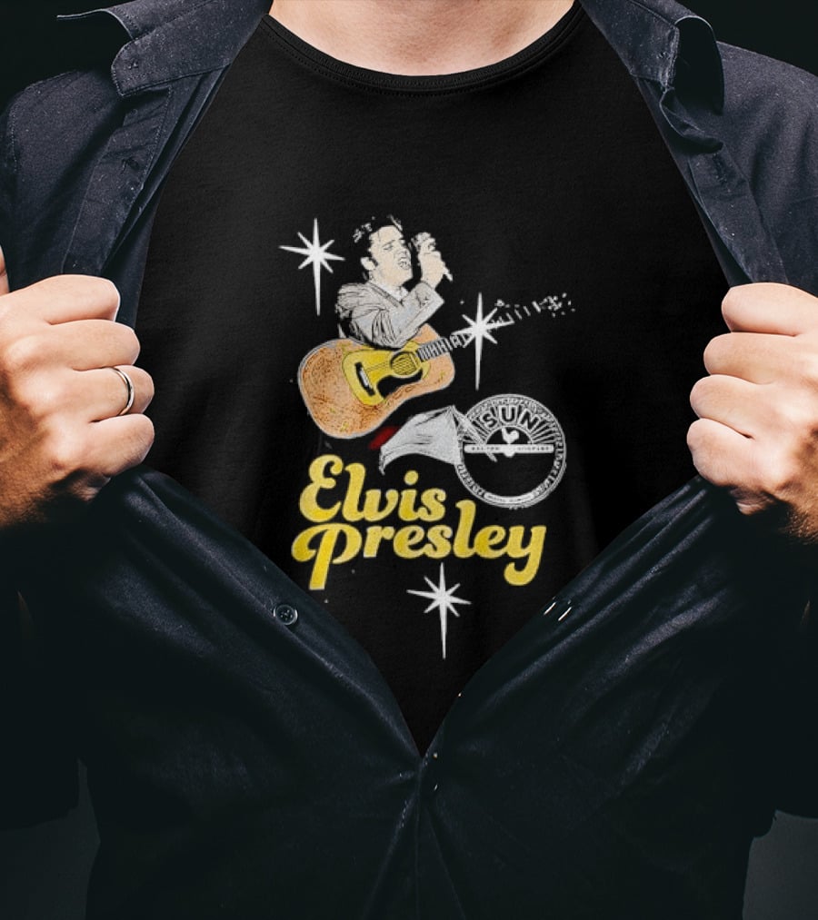 Sun Record Company Elvis Presley Playing Acoustic Guitar Starbursts T-Shirt