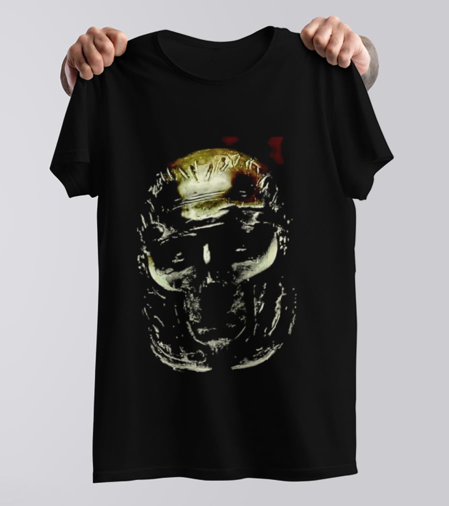 Dark Metallic Sculpted Skull Mask With Stylized Roman T-Shirt