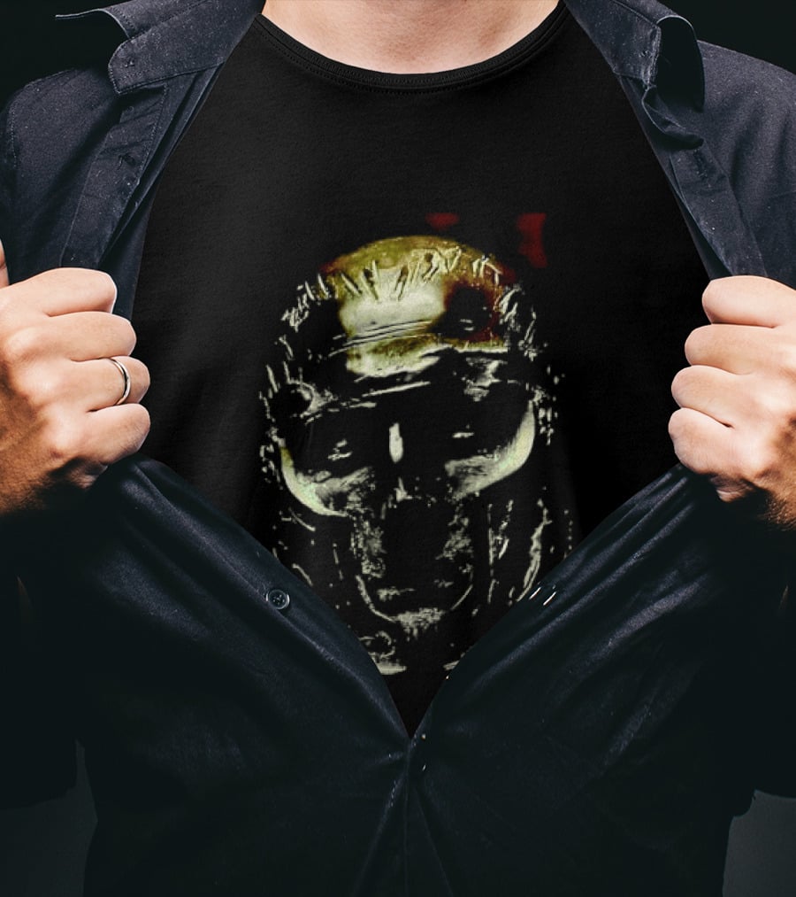 Dark Metallic Sculpted Skull Mask With Stylized Roman T-Shirt