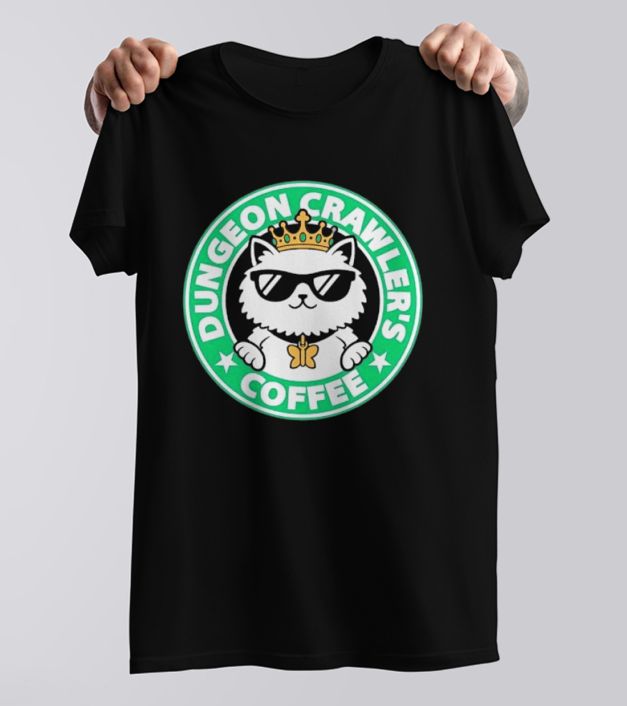 Dungeon Crawlers Coffee White Cat Crown Sunglasses T-Shirt