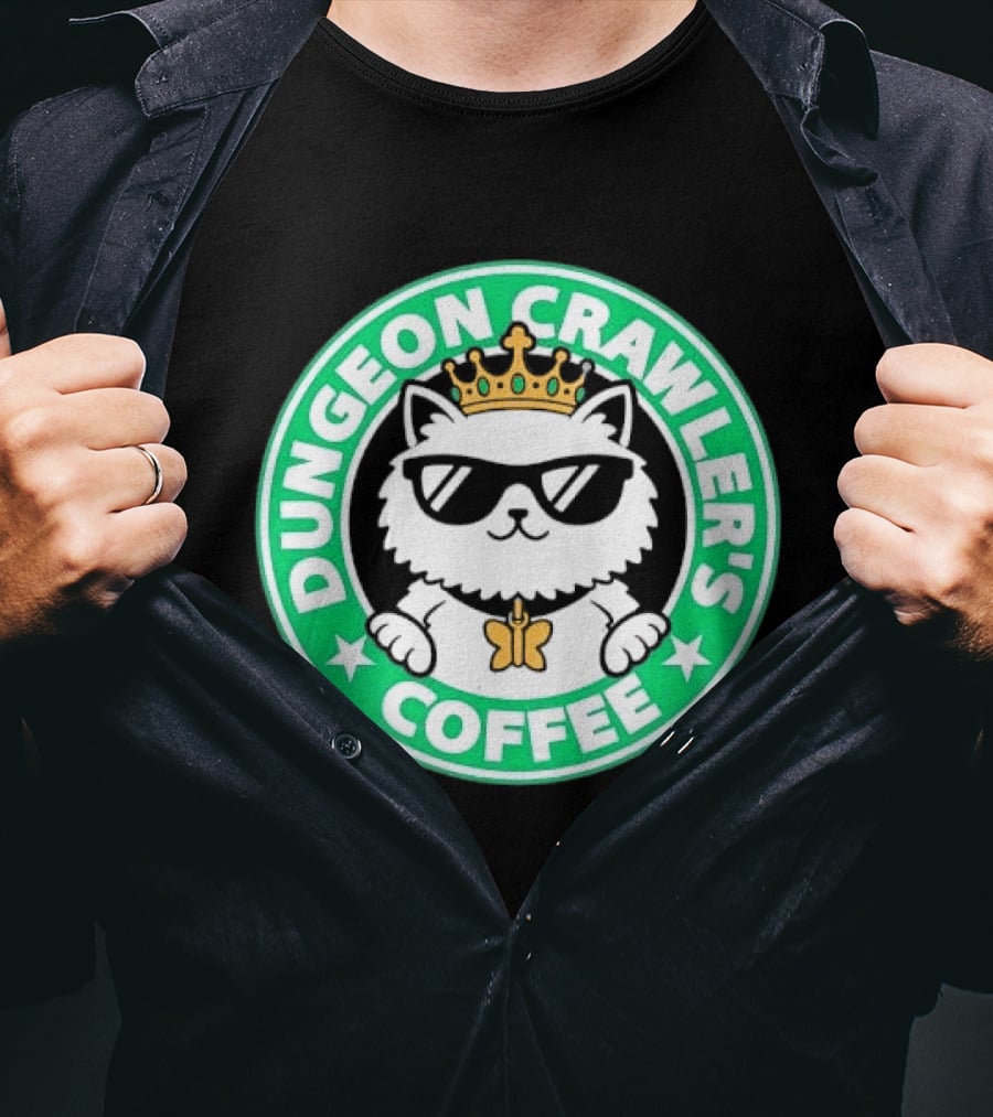 Dungeon Crawlers Coffee White Cat Crown Sunglasses T-Shirt