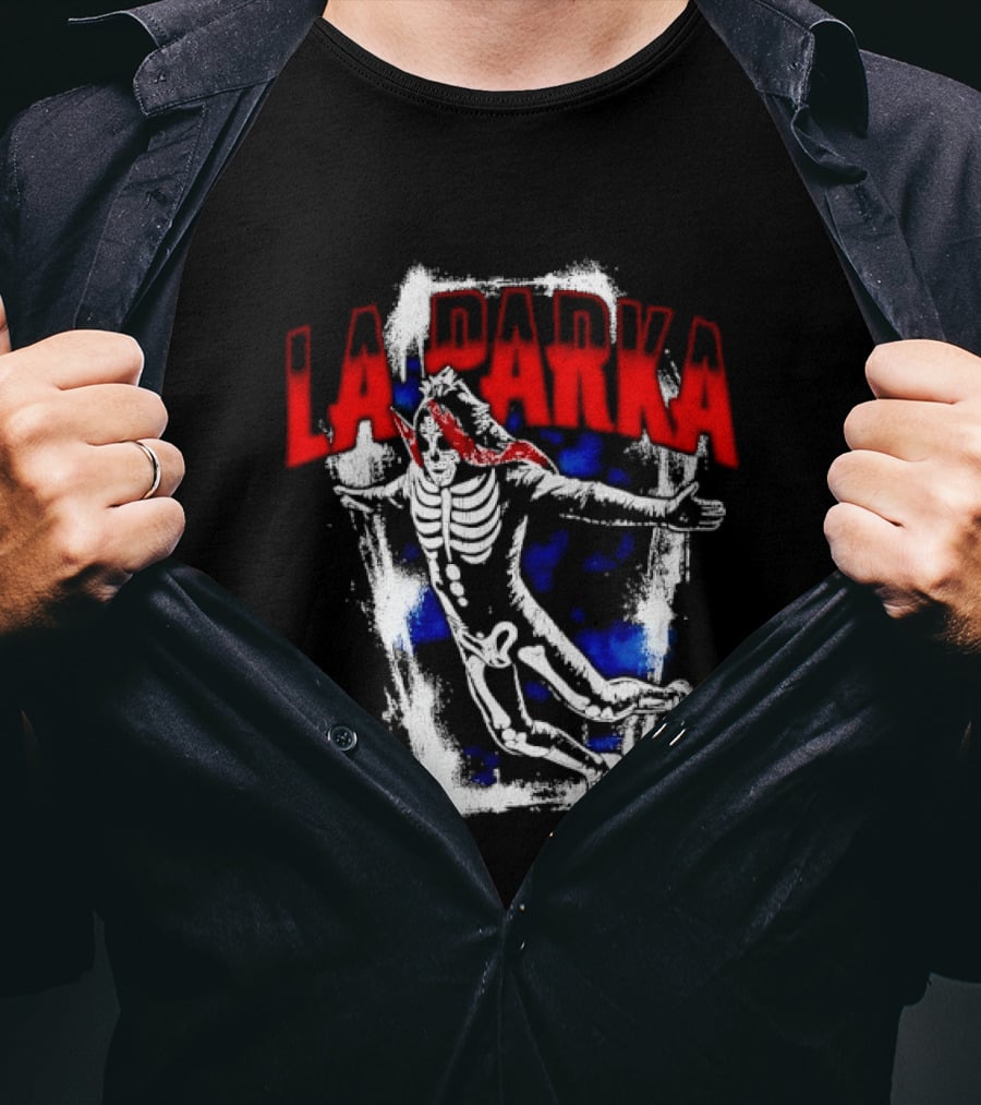 LA Parka Masked Skeleton Wrestler Jumping Distressed Frame T-Shirt