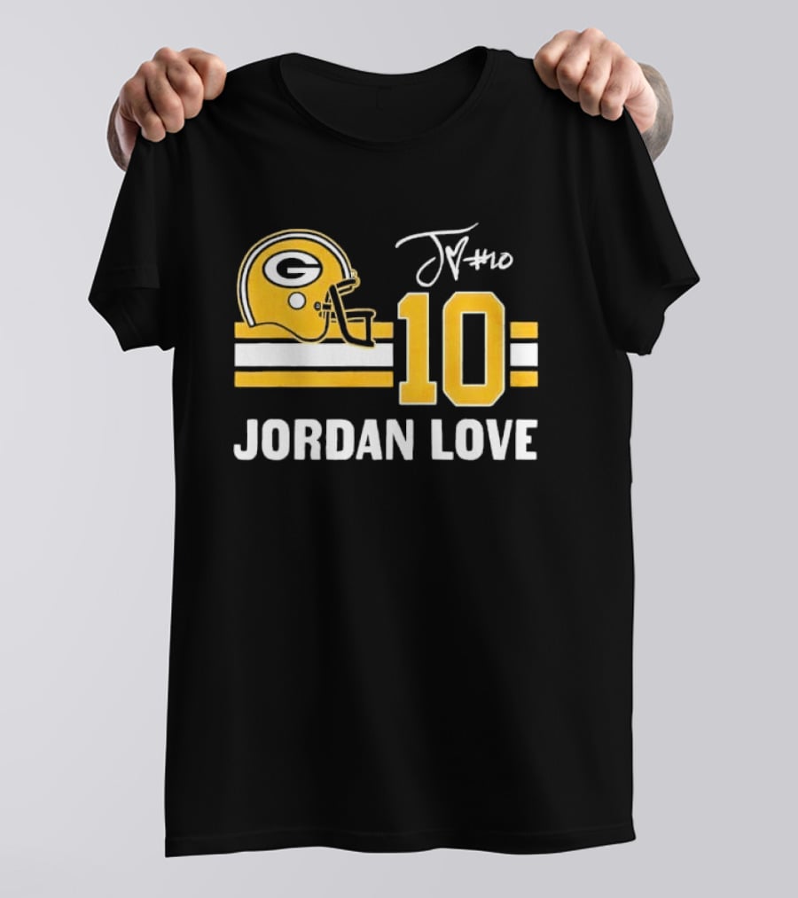 Green Bay Packers Jordan Love 10 Helmet Stripes JM Signature Distressed T-Shirt