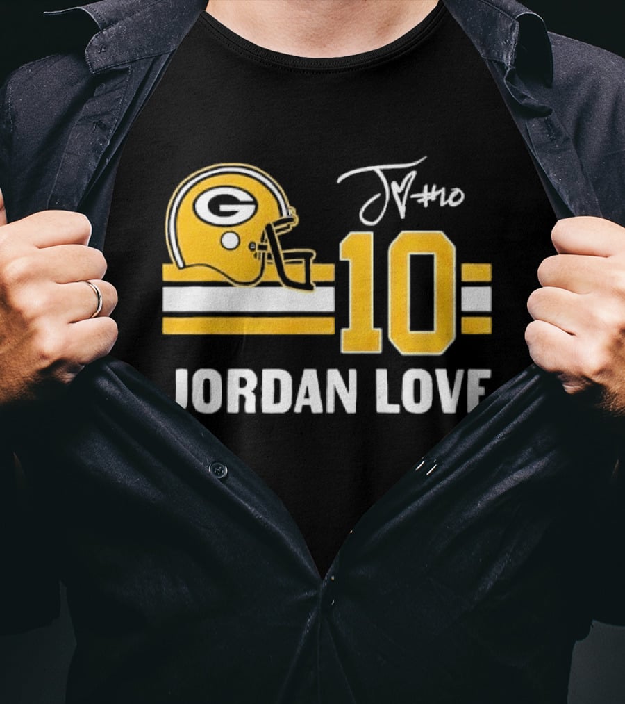 Green Bay Packers Jordan Love 10 Helmet Stripes JM Signature Distressed T-Shirt