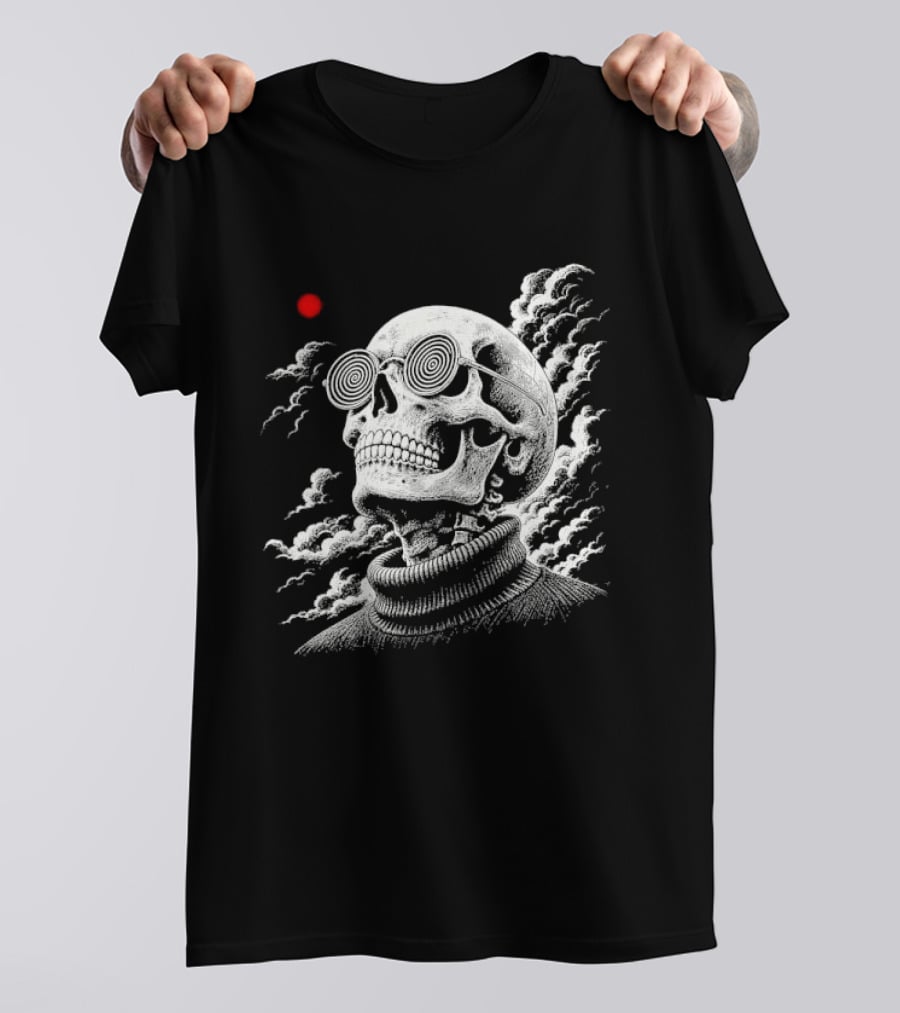Line Skull Hypnotic Glasses Turtleneck Red Sun Clouds T-Shirt