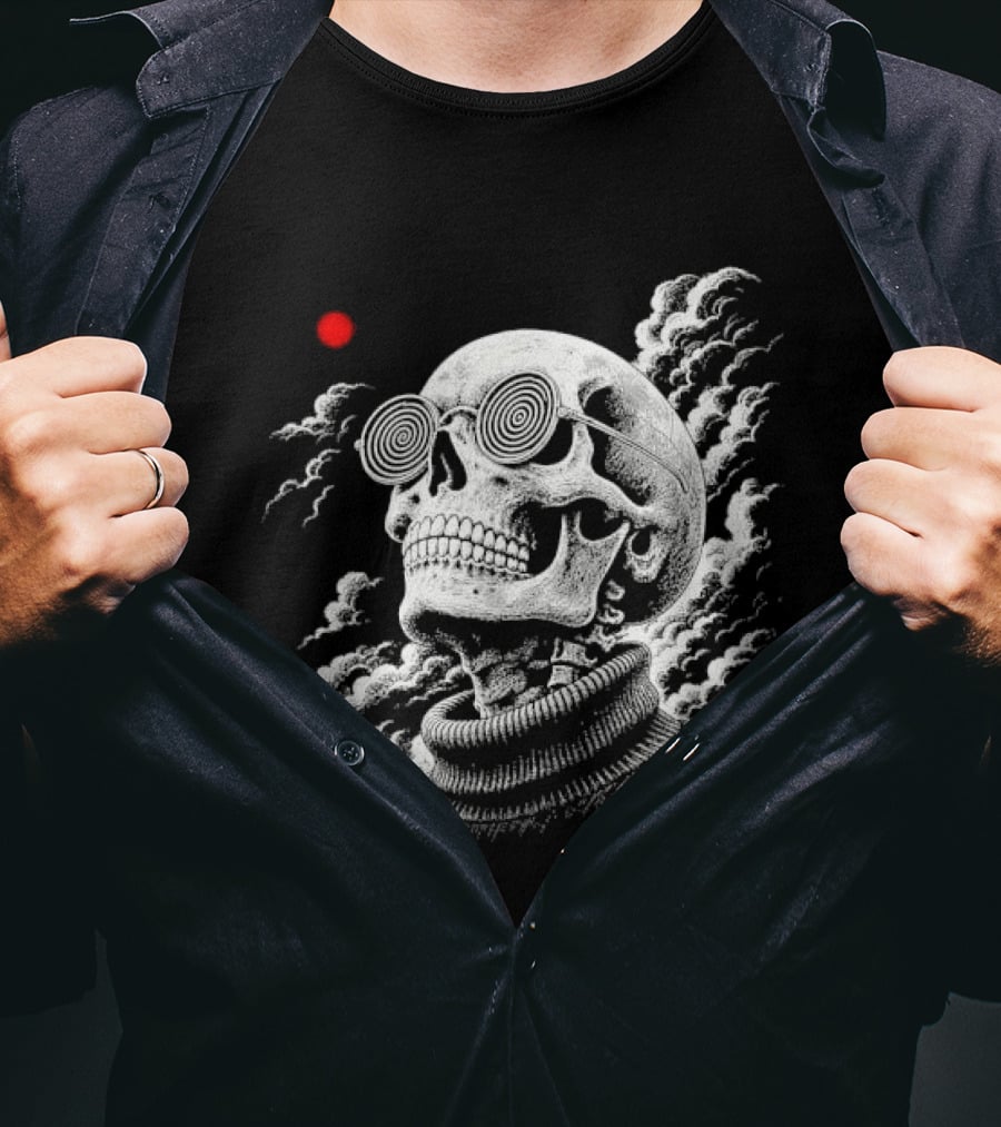 Line Skull Hypnotic Glasses Turtleneck Red Sun Clouds T-Shirt