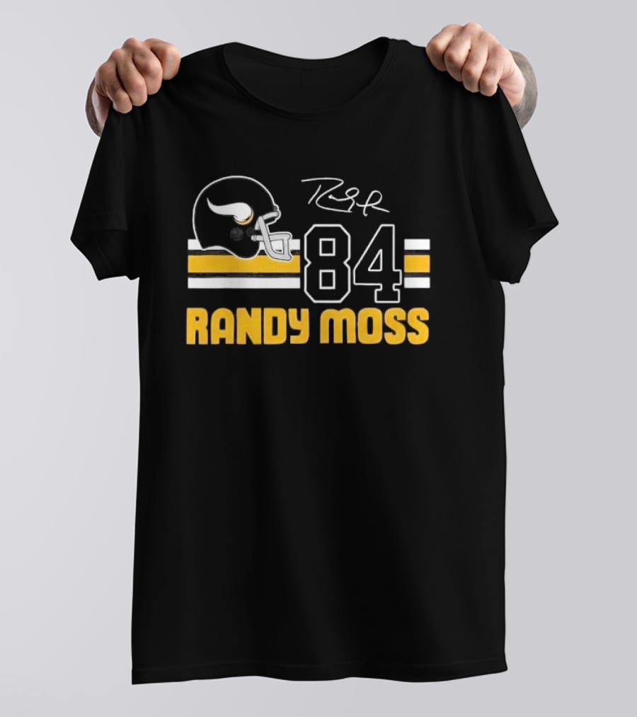 Randy Moss Minnesota Vikings 84 Helmet Stripes Autograph T-Shirt