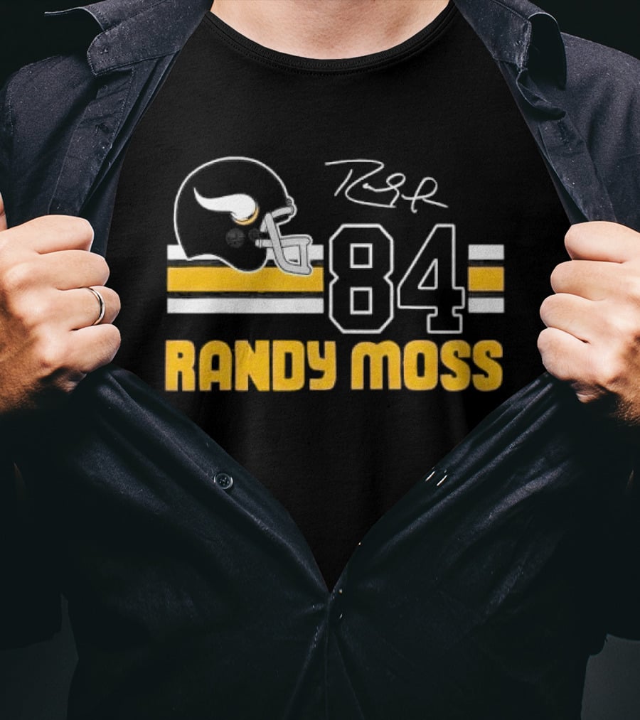 Randy Moss Minnesota Vikings 84 Helmet Stripes Autograph T-Shirt