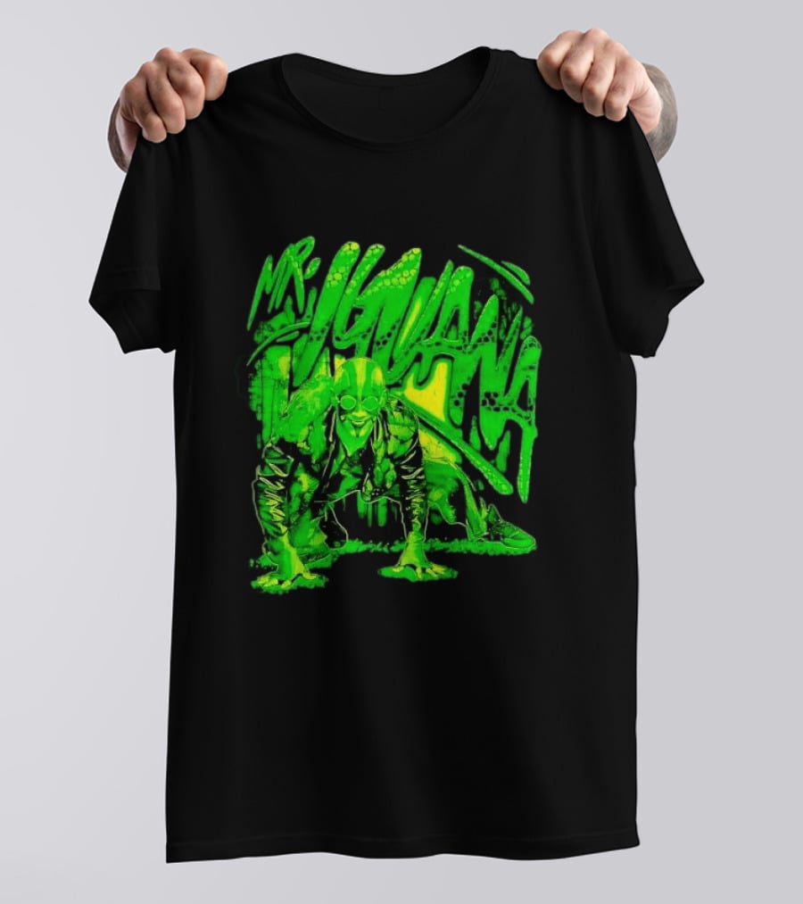 Mr Iguana Crouching Mexican Luchador Green Lizard Scale Graffiti T-Shirt