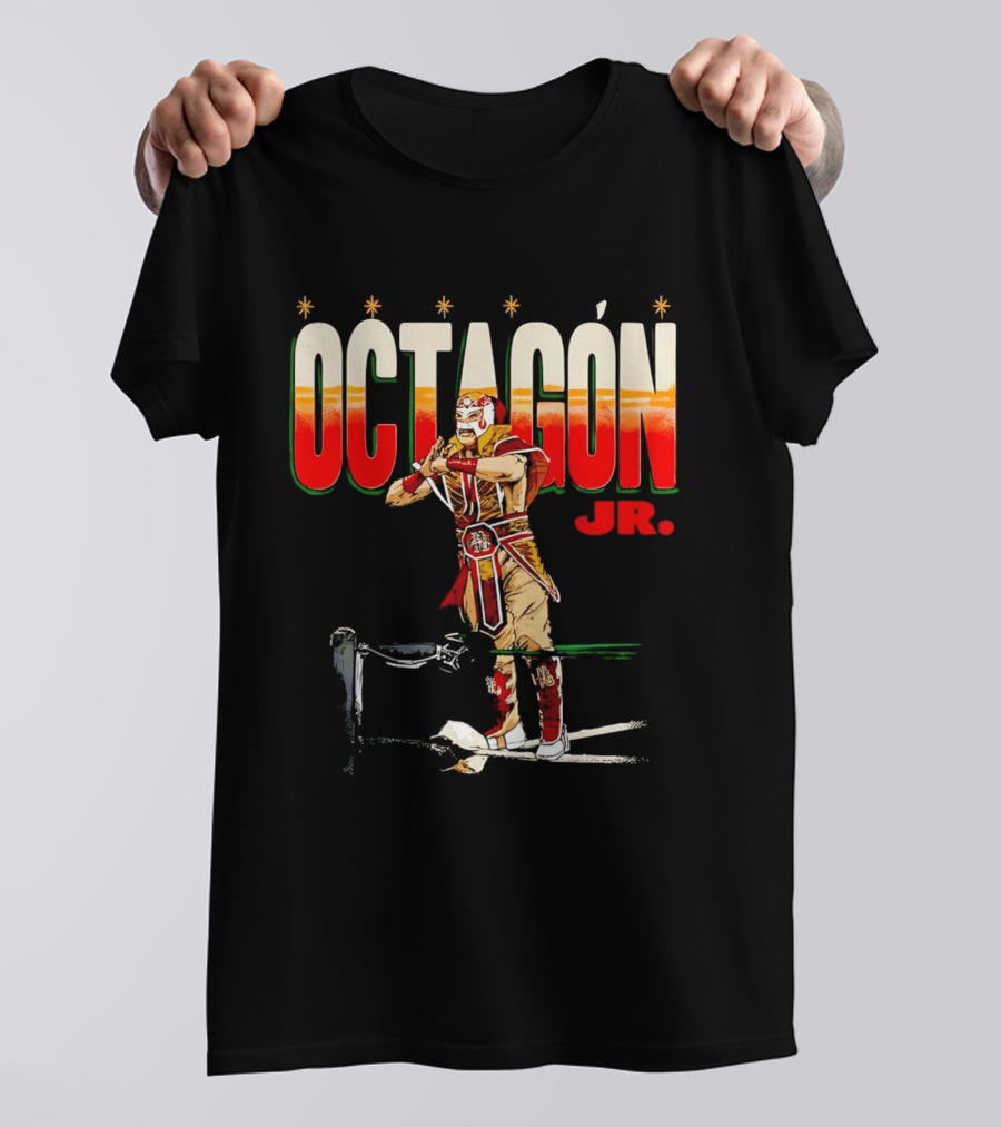 Octagon Jr Masked Lucha Libre Wrestler Ring Ropes Stars Distressed T-Shirt