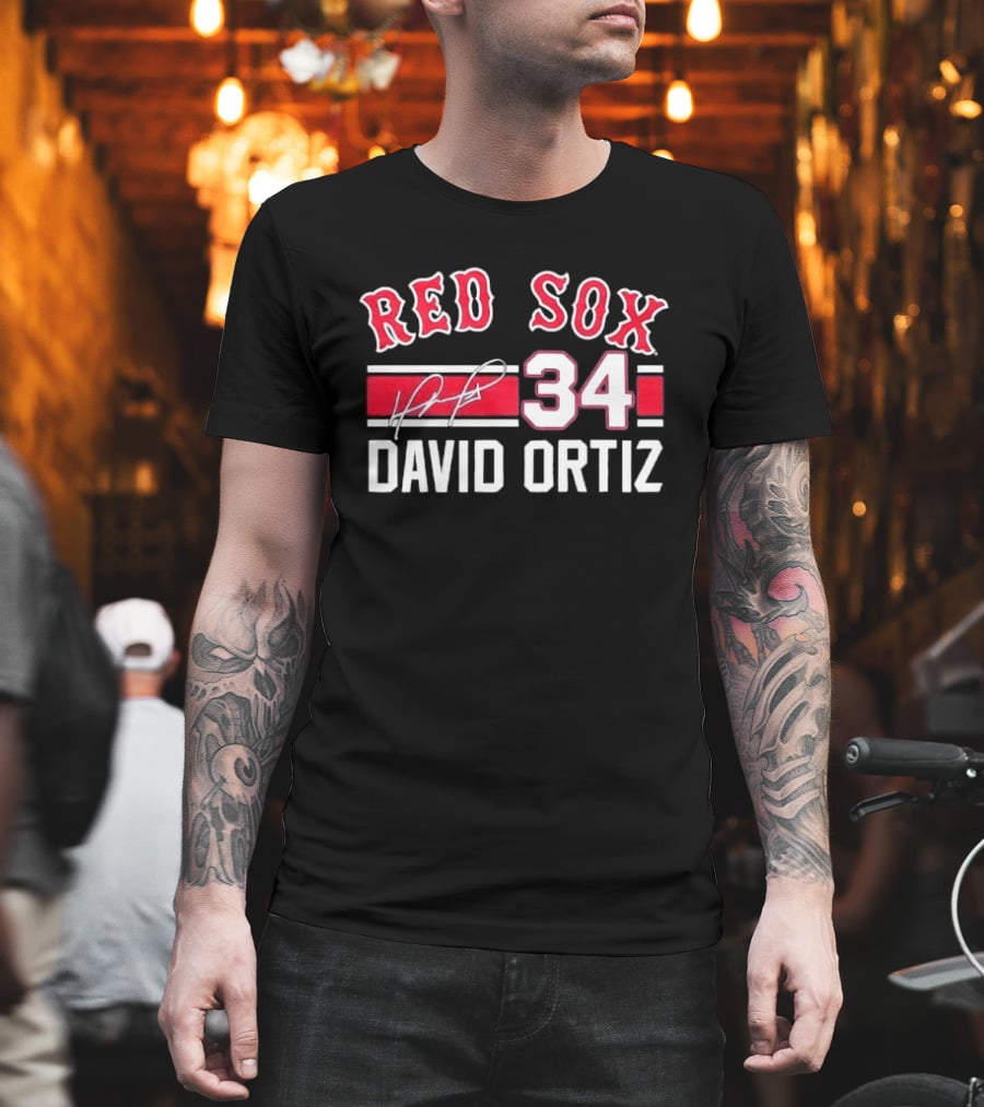 Red Sox MLB David Ortiz 34 White Stripes Distressed T-Shirt