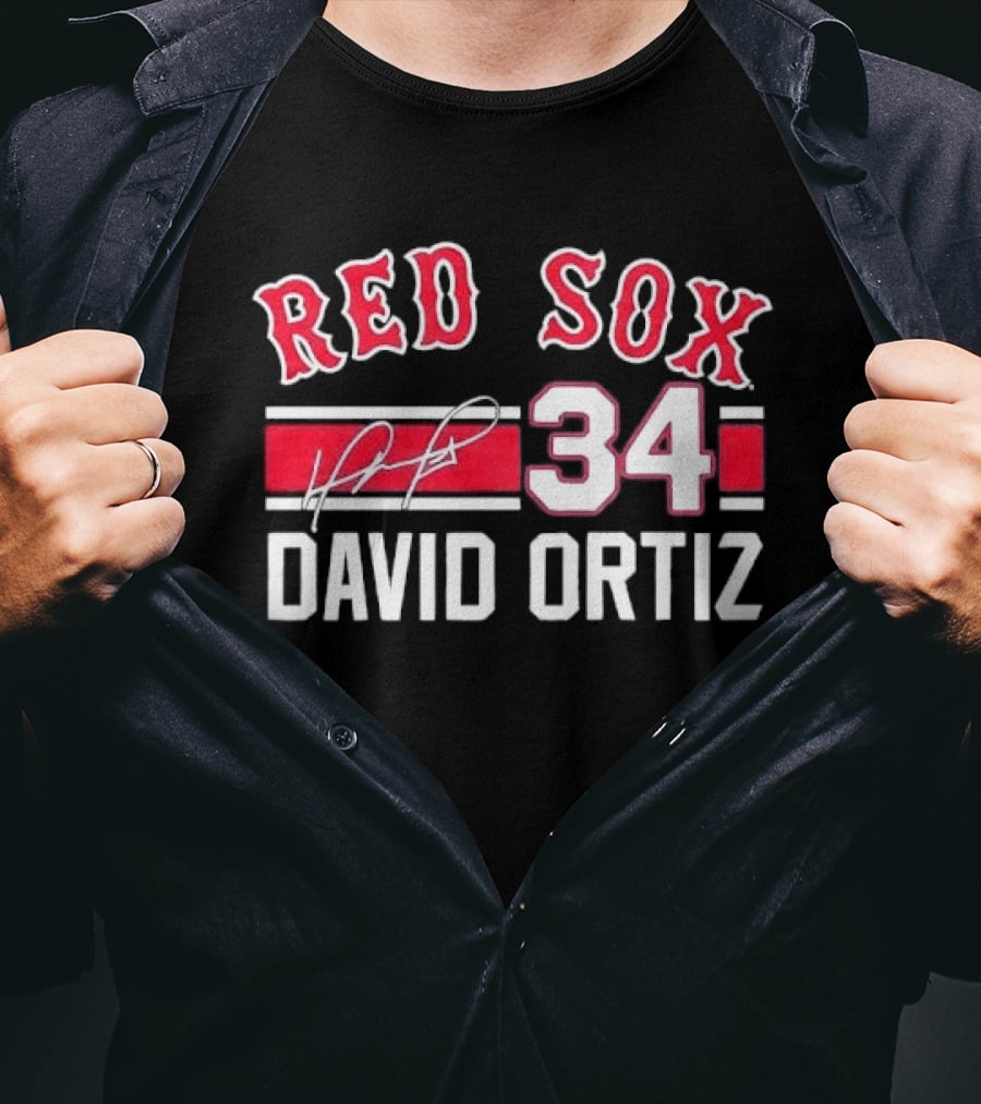 Red Sox MLB David Ortiz 34 White Stripes Distressed T-Shirt