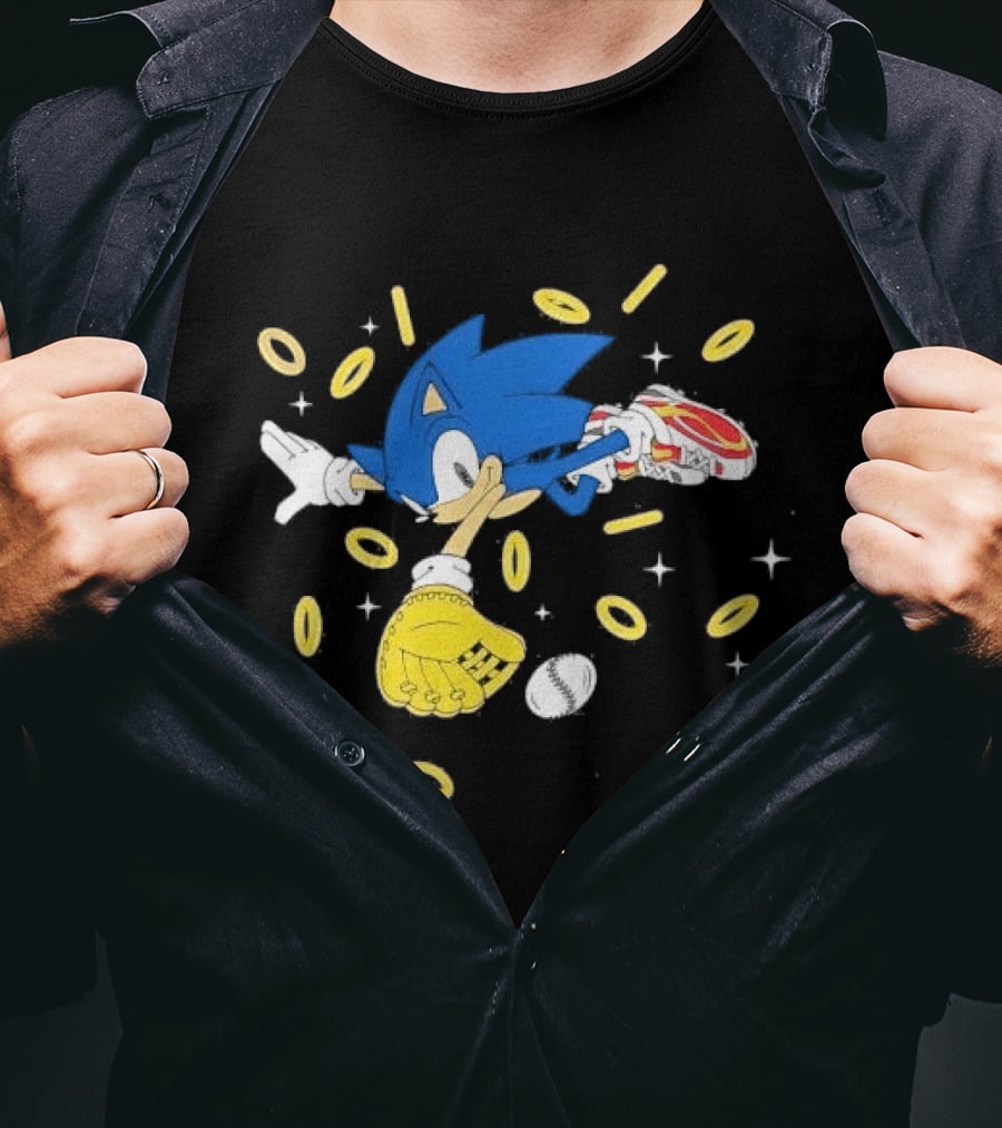 The Hedgehog Running Collecting Rings With Baseball Glove And Ball T-Shirt
