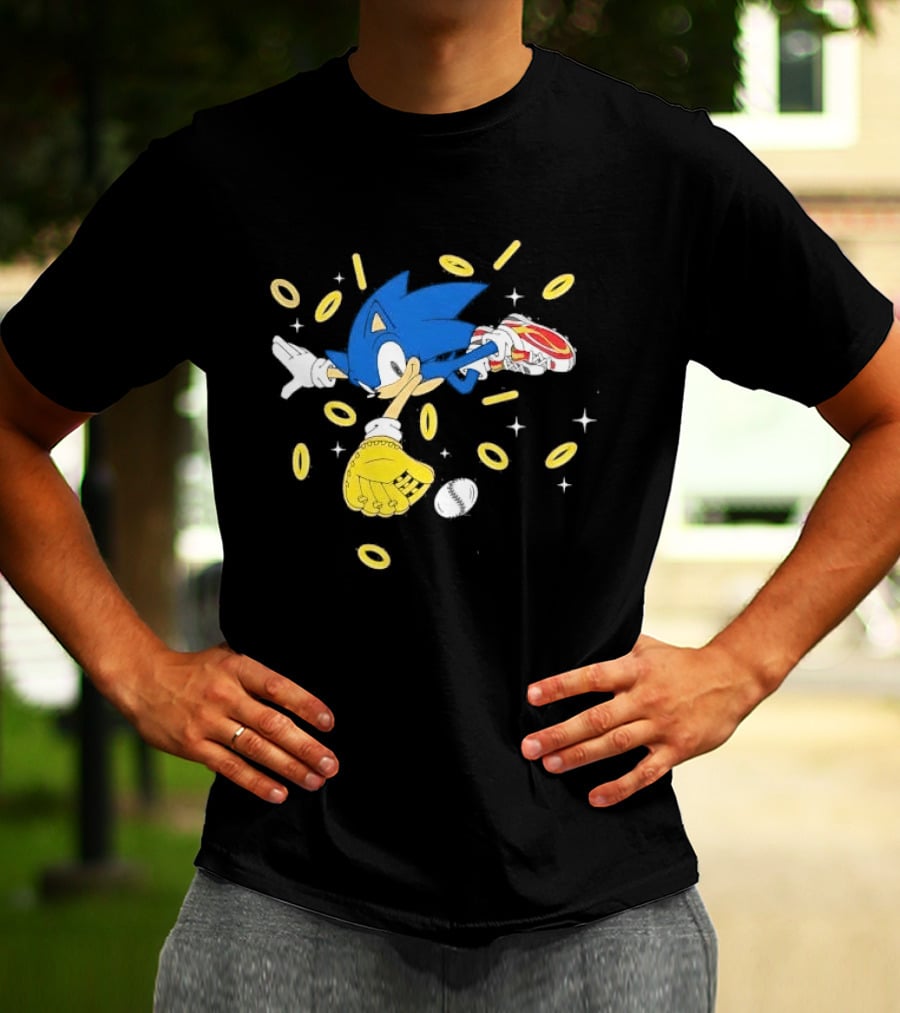 The Hedgehog Running Collecting Rings With Baseball Glove And Ball T-Shirt