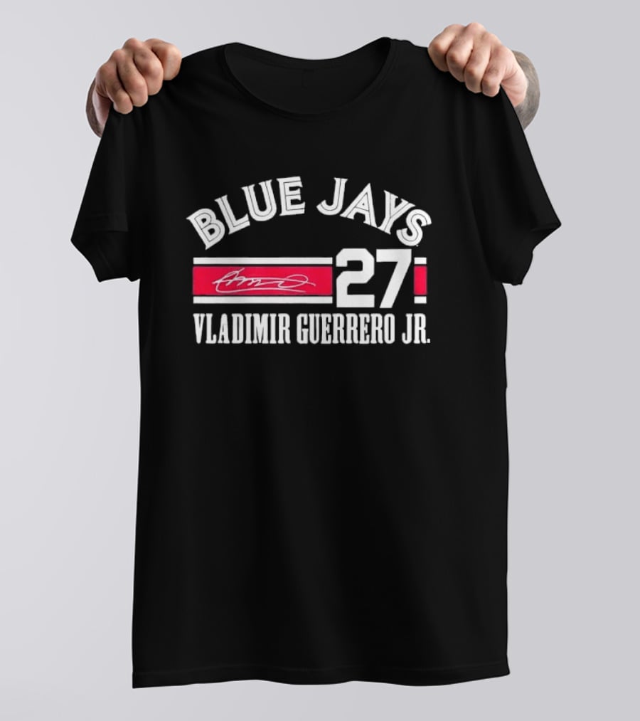 Blue Jays Vladimir Guerrero Jr 27 Red Stripe Signature Distressed T-Shirt