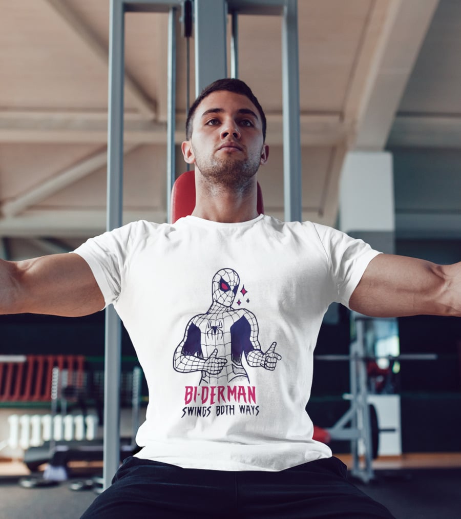 Bi Derman Swings Both Ways Spider Man LGBTQ Superhero T-Shirt