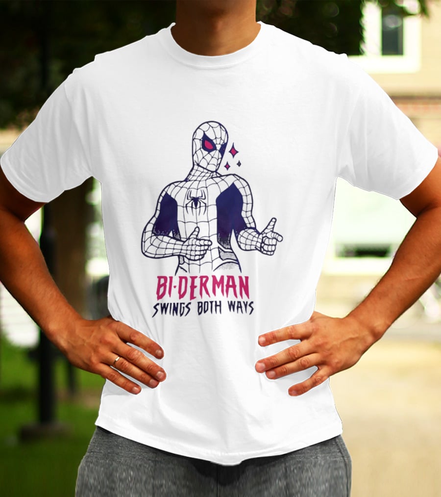 Bi Derman Swings Both Ways Spider Man LGBTQ Superhero T-Shirt