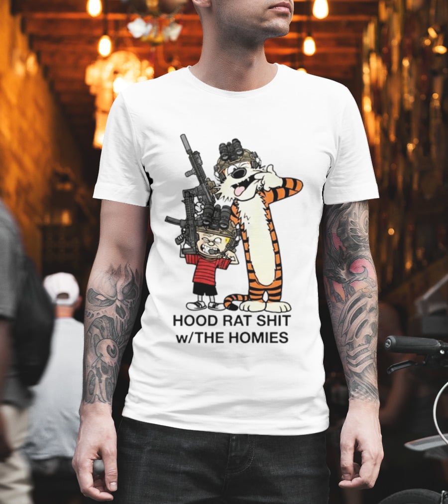 Calvin And Hobbes Hood Rat Shit W The Homies Rifle Helmets T-Shirt