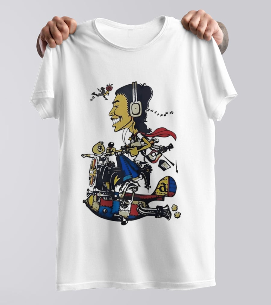 Cartoon Caricature Man With Headphones Riding Flying Rocket Airplane T-Shirt