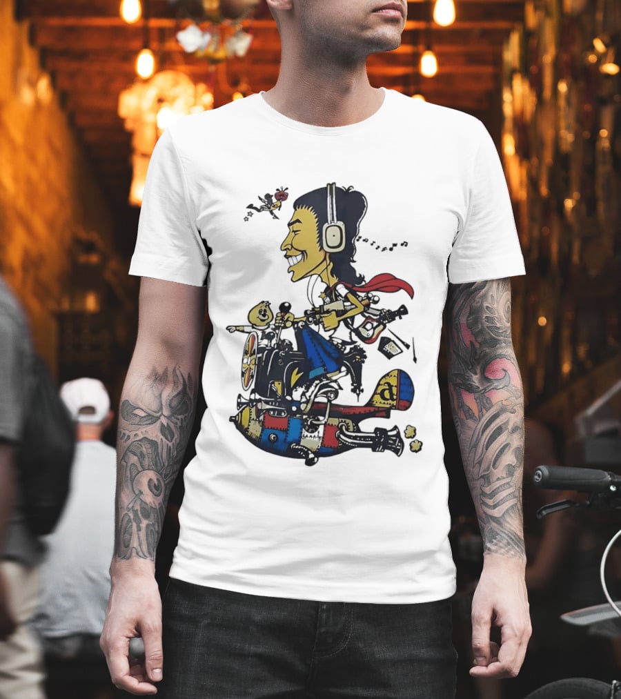 Cartoon Caricature Man With Headphones Riding Flying Rocket Airplane T-Shirt