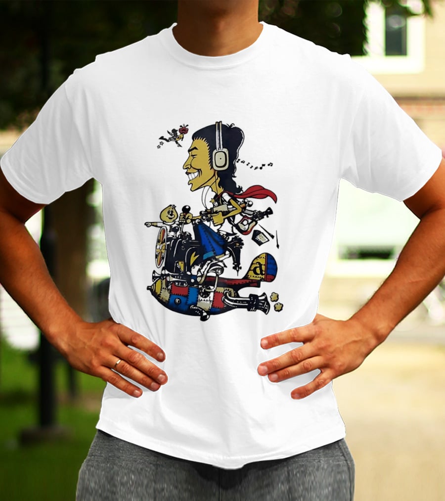 Cartoon Caricature Man With Headphones Riding Flying Rocket Airplane T-Shirt