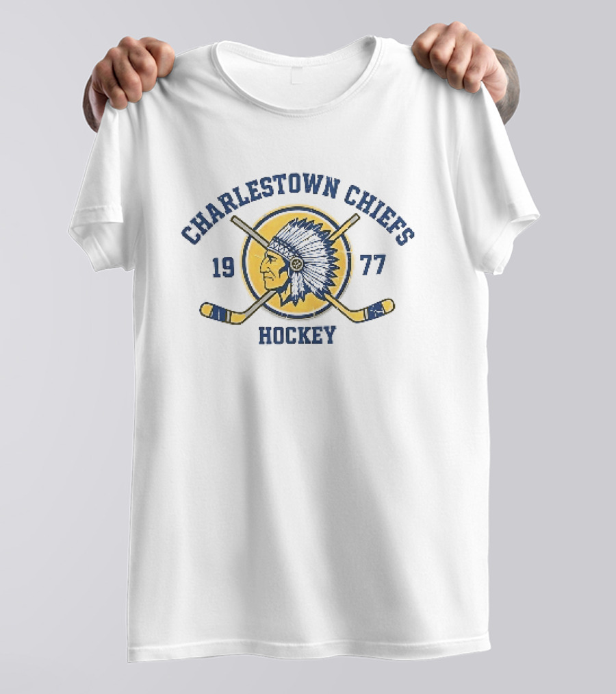 Charlestown Chiefs 1977 Hockey Team Logo With Vintage Native American Head And Crossed Hockey Sticks T-Shirt