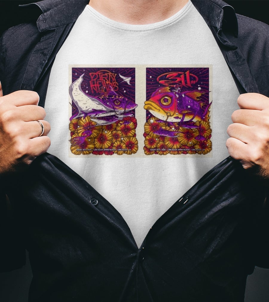 Dirty Heads 311 August 18 2026 Long Beach Amphitheater California Concert Art Colorful Fish Flowers T-Shirt