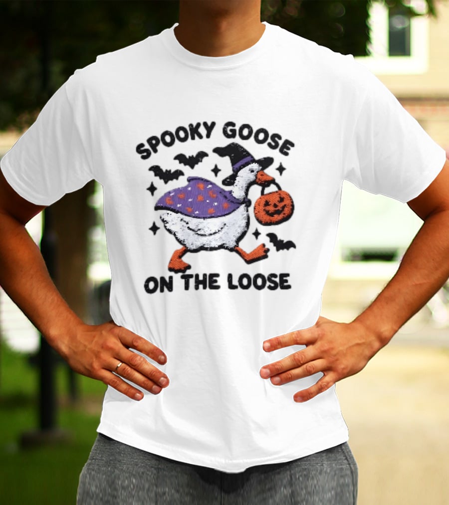 Spooky Goose On The Loose Halloween Embroidered T-Shirt