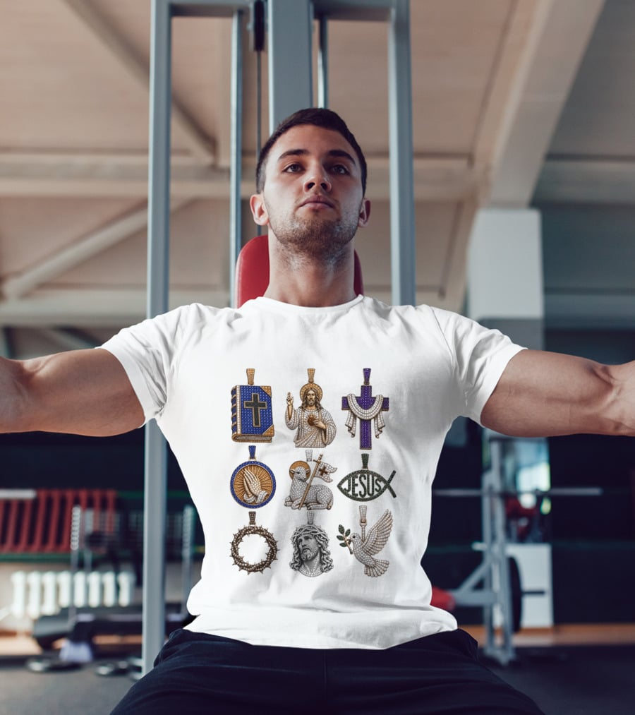 Jesus Cross Bible Lamb Fish Dove Crown Praying Hands Gemstone Pendants Collection T-Shirt