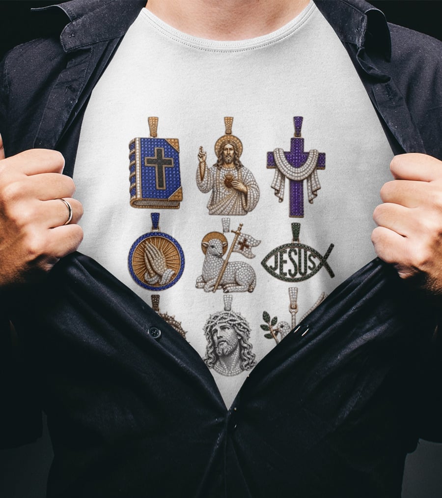 Jesus Cross Bible Lamb Fish Dove Crown Praying Hands Gemstone Pendants Collection T-Shirt