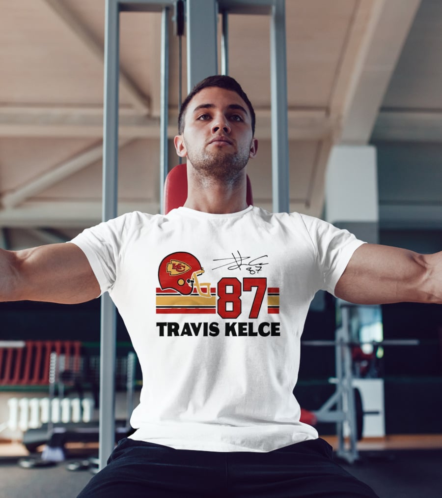 Kansas City Chiefs Travis Kelce 87 Red Gold Helmet Stripes T-Shirt