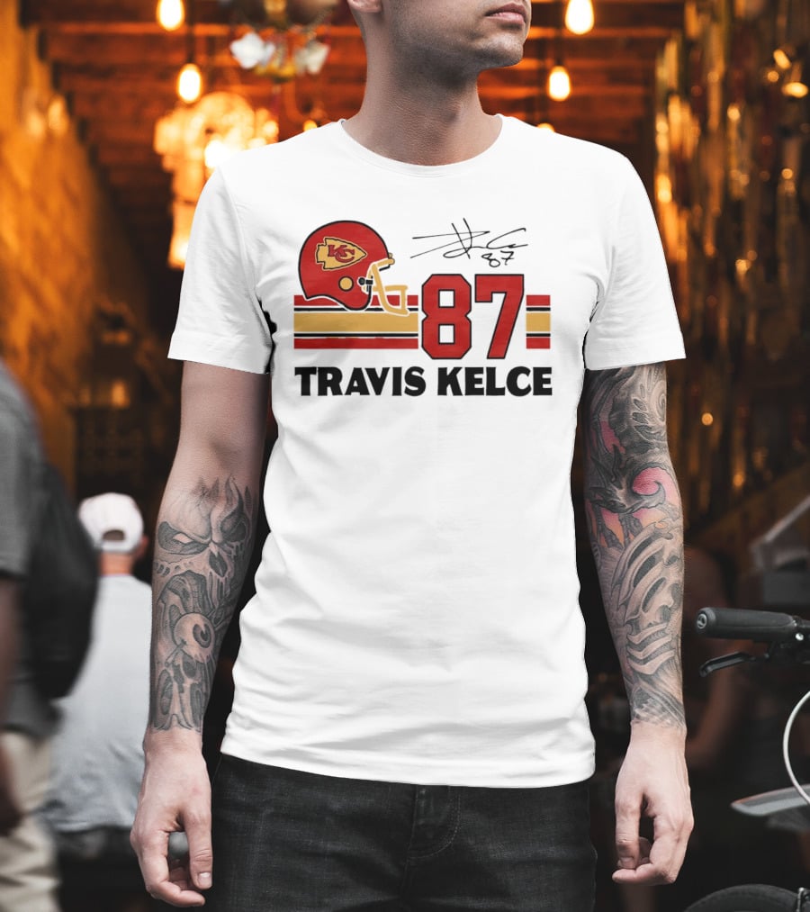Kansas City Chiefs Travis Kelce 87 Red Gold Helmet Stripes T-Shirt