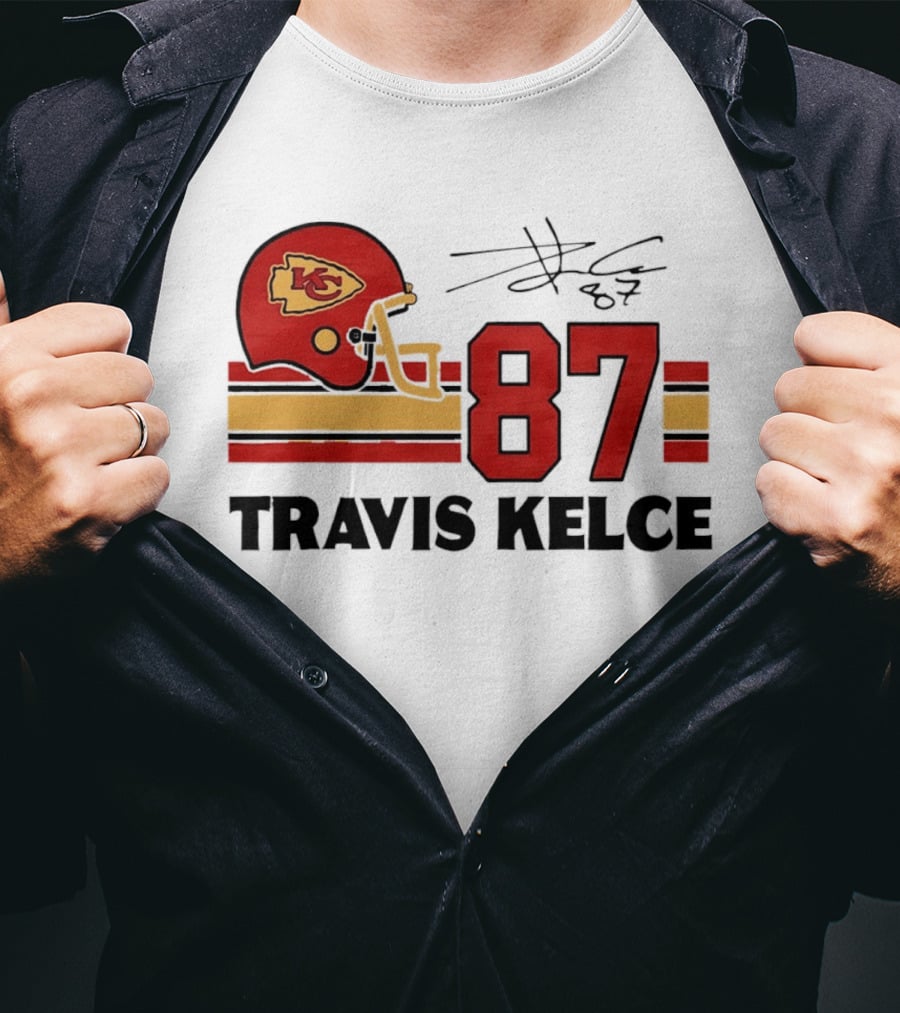 Kansas City Chiefs Travis Kelce 87 Red Gold Helmet Stripes T-Shirt