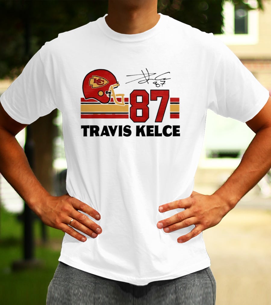 Kansas City Chiefs Travis Kelce 87 Red Gold Helmet Stripes T-Shirt