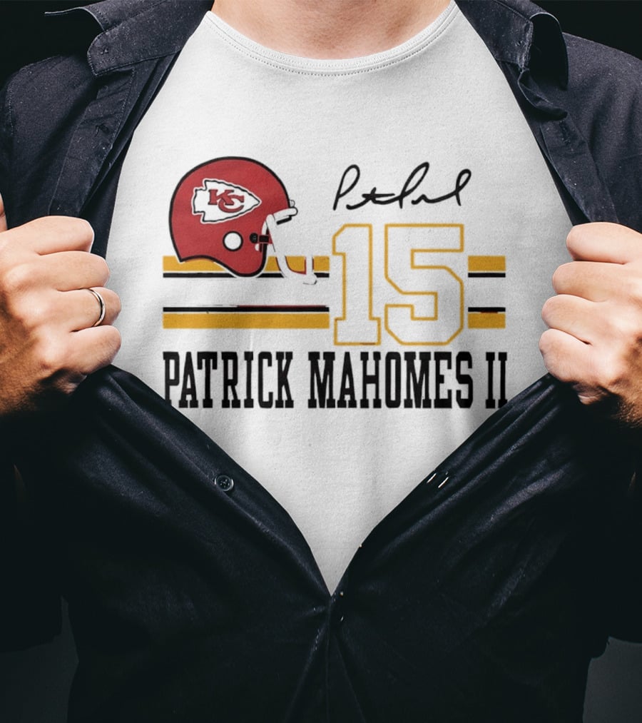 Kansas City Chiefs Patrick Mahomes II Number 15 Signature Football Helmet Stripes T-Shirt