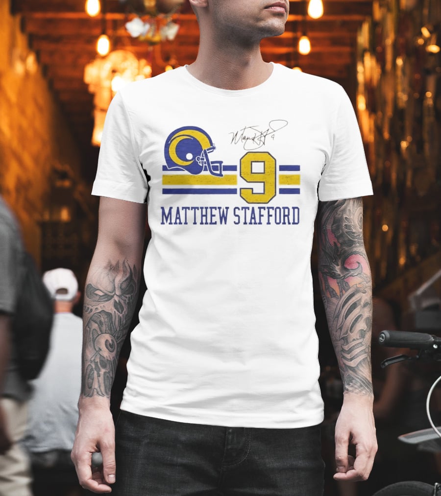 Los Angeles Rams Matthew Stafford Helmet Autograph Number 9 Blue Yellow Stripes T-Shirt